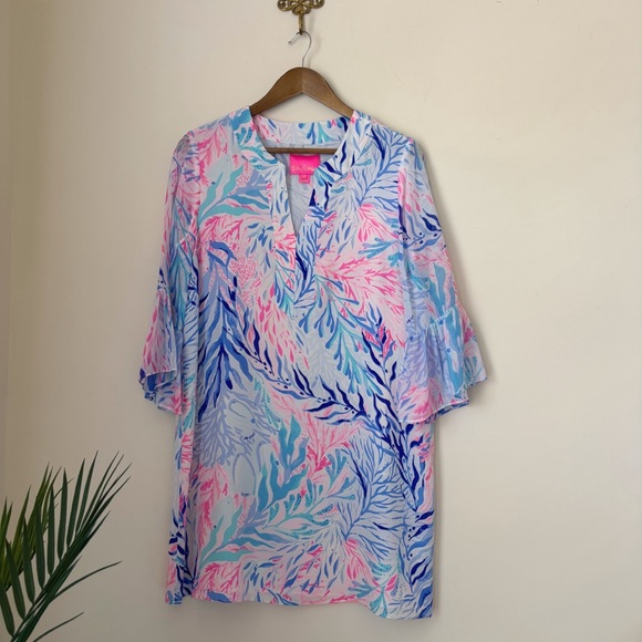 Lilly Pulitzer Dresses & Skirts - Lilly Pulitzer Elenora Silk Bell Sleeve Dress Medium Kaleidoscope Coral